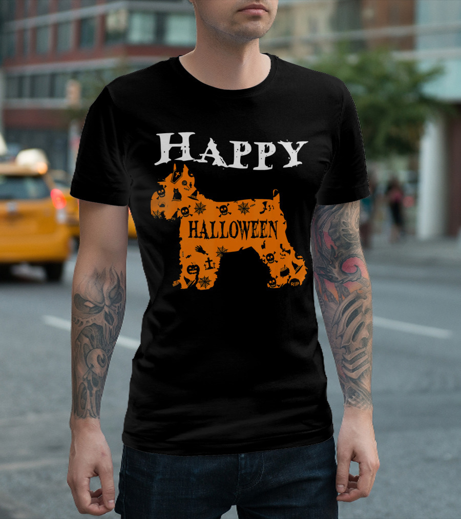Happy Halloween Schnauzer With Skulls And Spider Webs T-Shirt
