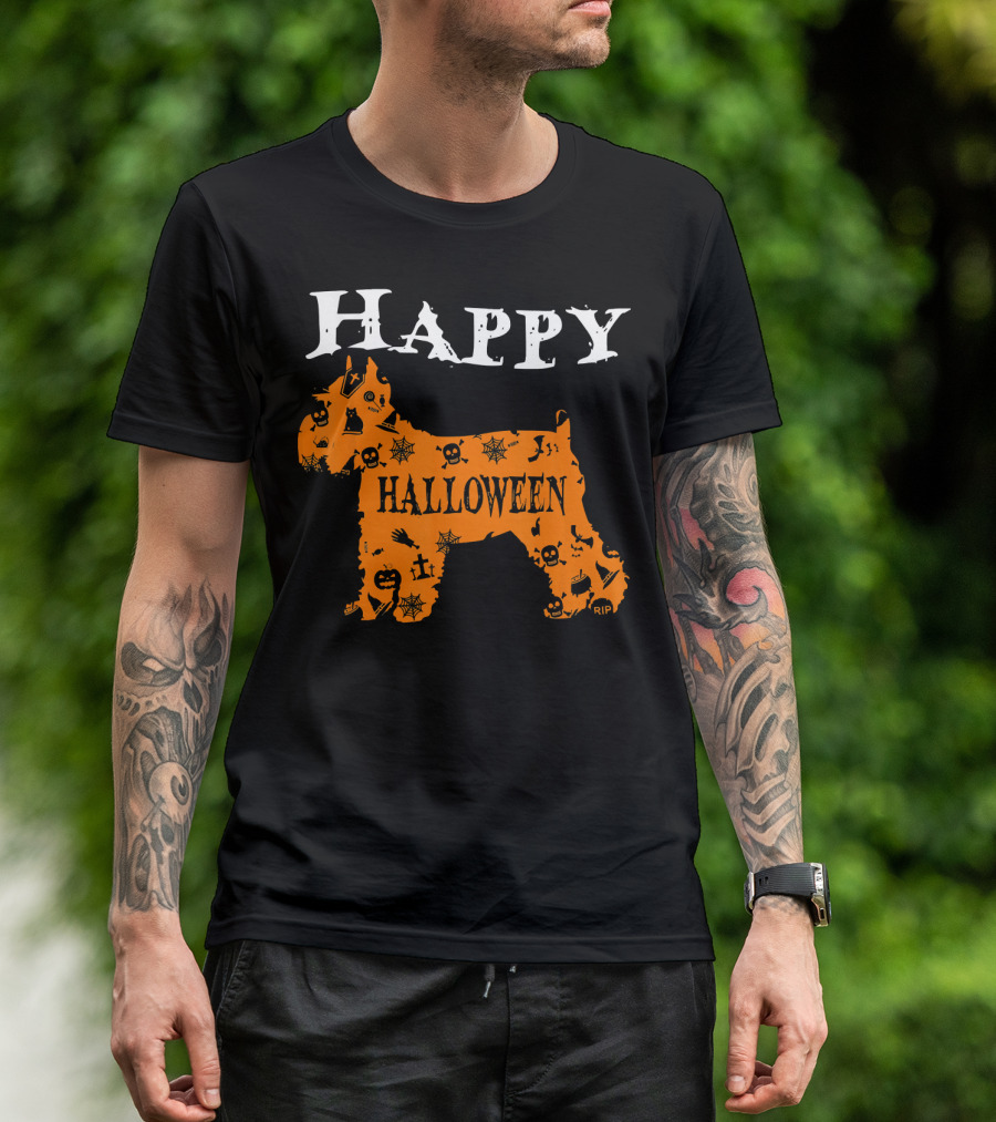 Happy Halloween Schnauzer With Skulls And Spider Webs T-Shirt