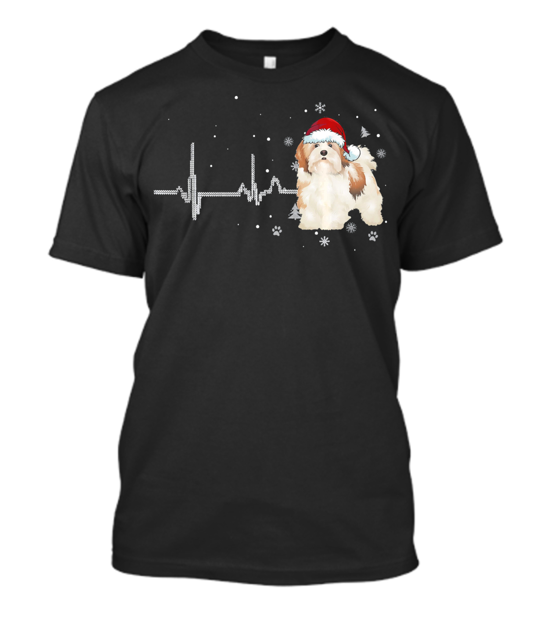 Lhasa Apso Heartbeat Funny Christmas Dog Santa Hat Snowflakes T-Shirt