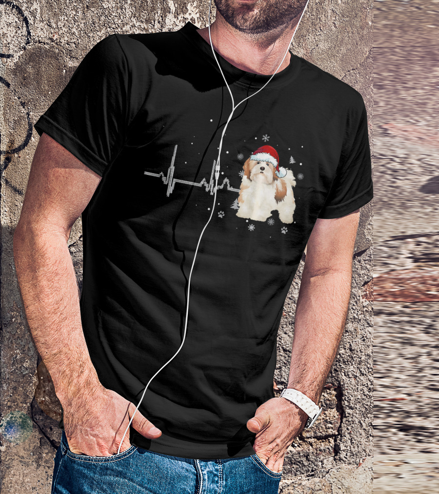 Lhasa Apso Heartbeat Funny Christmas Dog Santa Hat Snowflakes T-Shirt