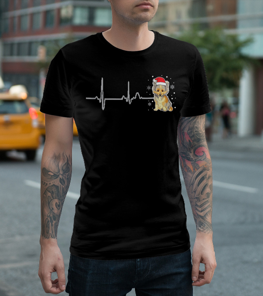 I Love My Shetland Sheepdog Heart Beat Santa Hat Snowflakes T-Shirt