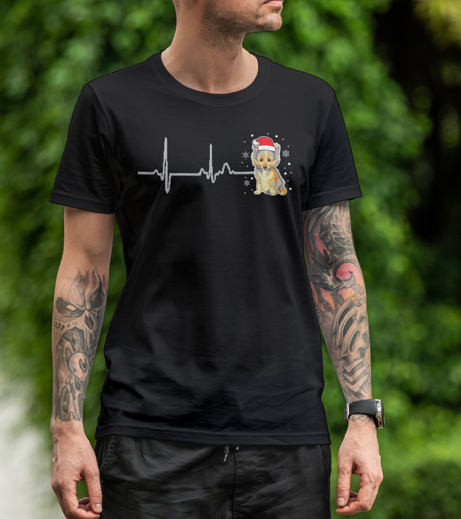 I Love My Shetland Sheepdog Heart Beat Santa Hat Snowflakes T-Shirt