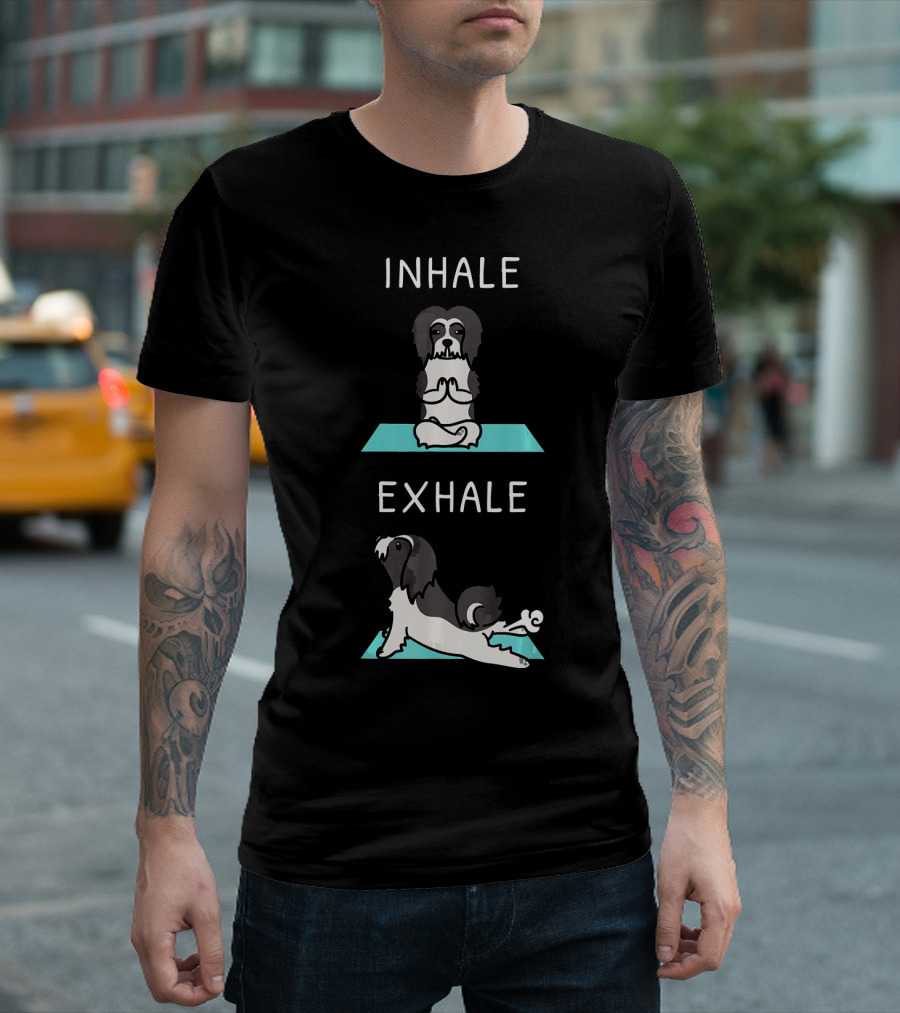 Lhasa Apso Funny Dog Yoga Inhale Exhale on Mat T-Shirt
