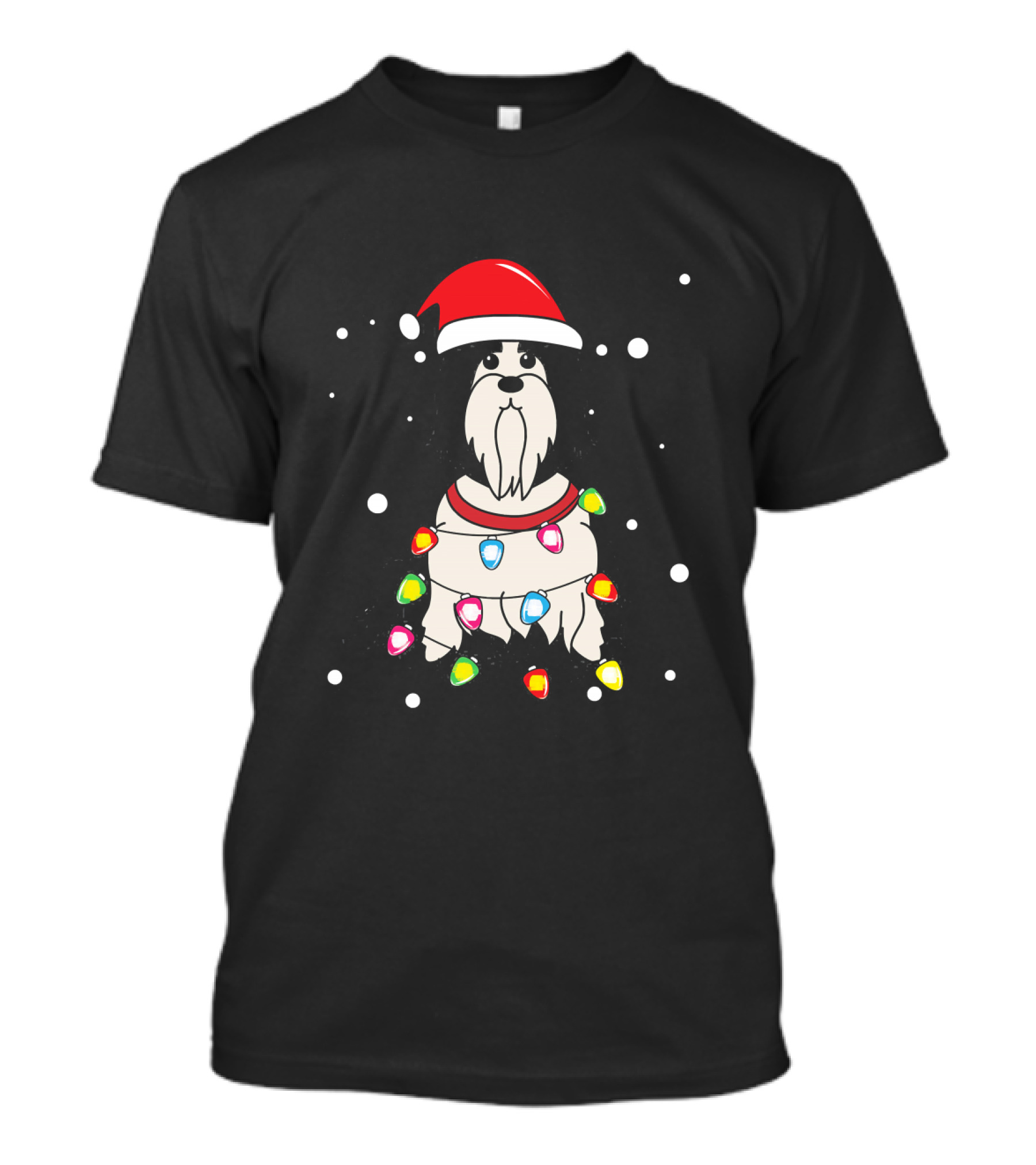 Santa Hat Lhasa Apso Wrapped In Christmas Lights T-Shirt