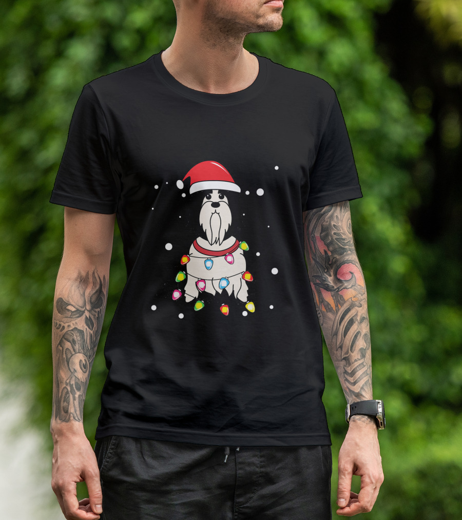 Santa Hat Lhasa Apso Wrapped In Christmas Lights T-Shirt
