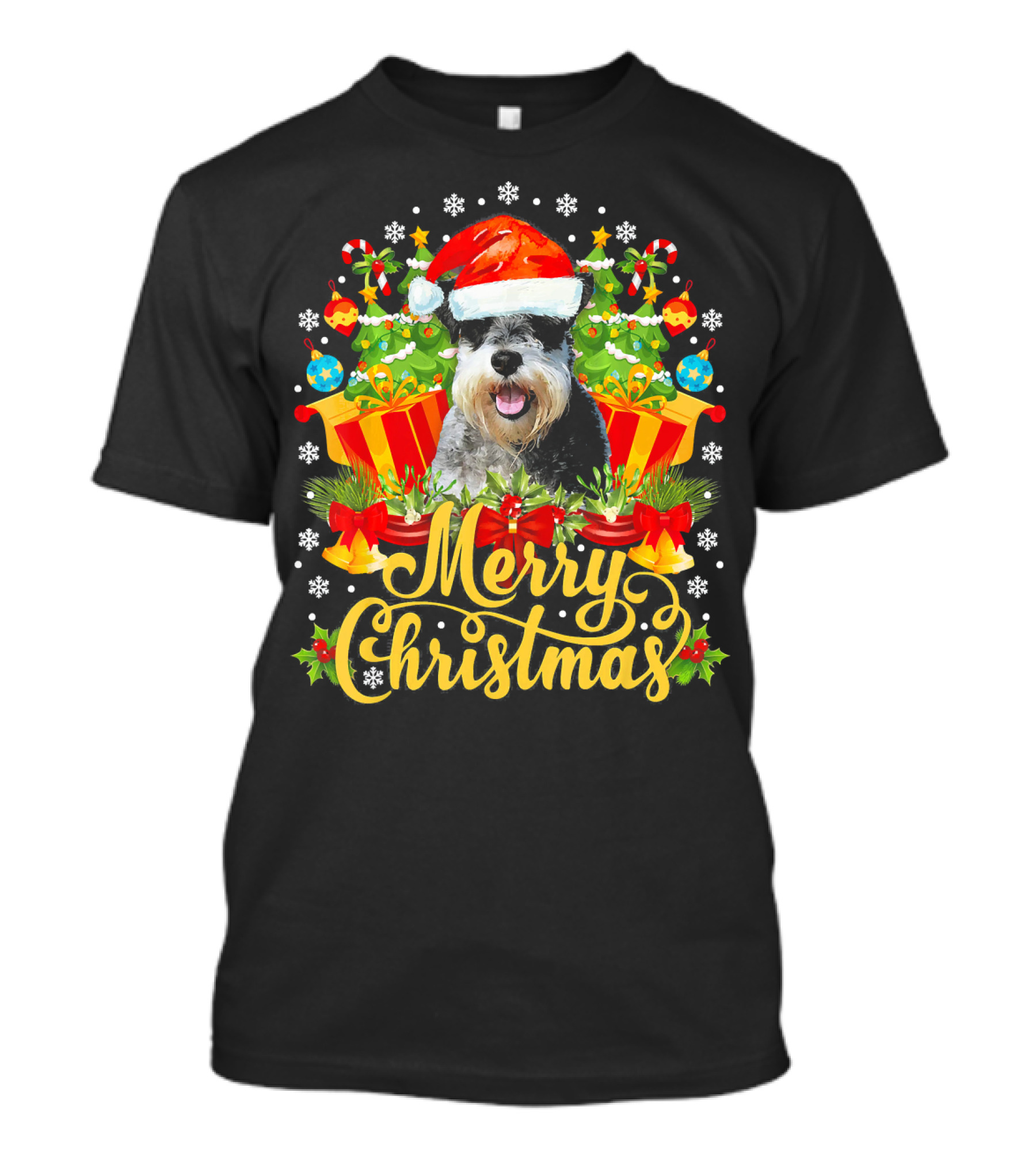 Merry Christmas Standard Schnauzer With Santa Hat And Festive Decorations T-Shirt