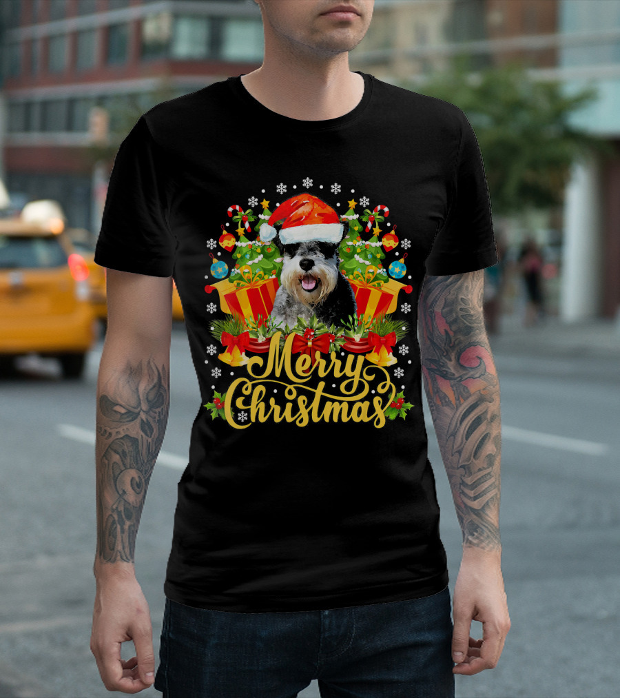 Merry Christmas Standard Schnauzer With Santa Hat And Festive Decorations T-Shirt