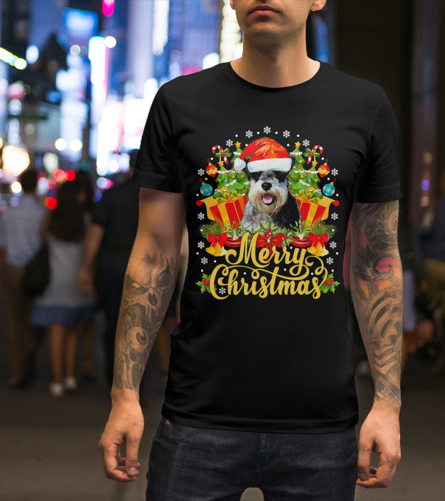 Merry Christmas Standard Schnauzer With Santa Hat And Festive Decorations T-Shirt