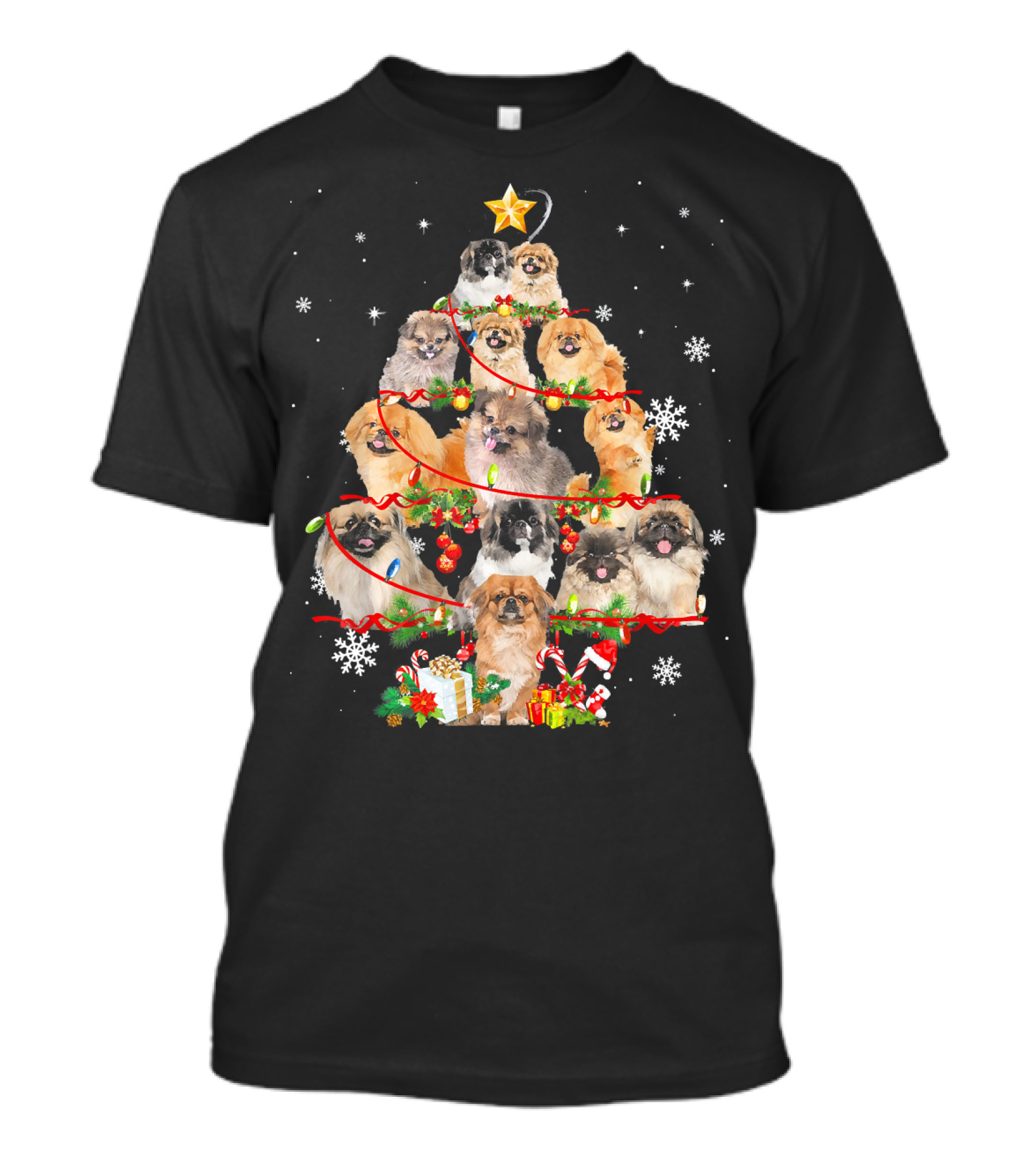 Pekingese Dogs Form Christmas Tree With Lights And Snowflakes T-Shirt