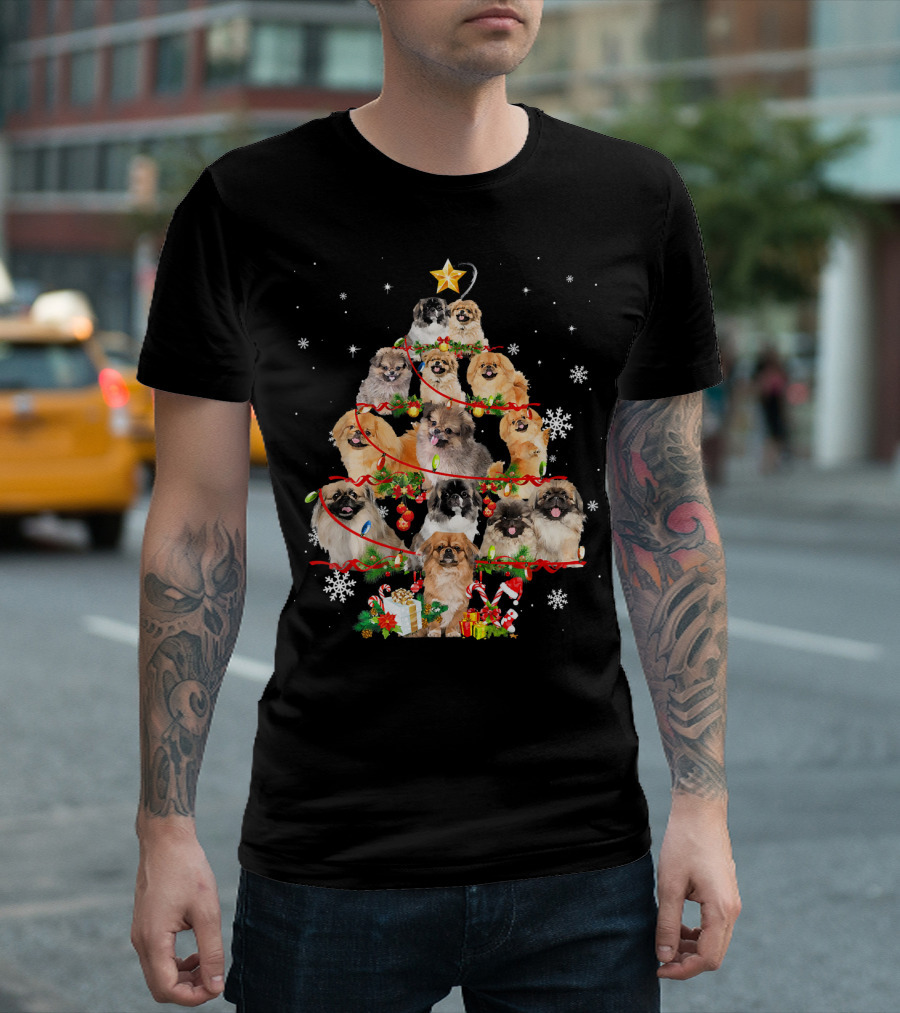 Pekingese Dogs Form Christmas Tree With Lights And Snowflakes T-Shirt