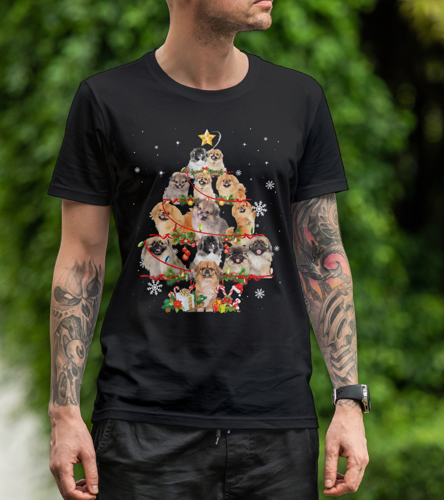 Pekingese Dogs Form Christmas Tree With Lights And Snowflakes T-Shirt