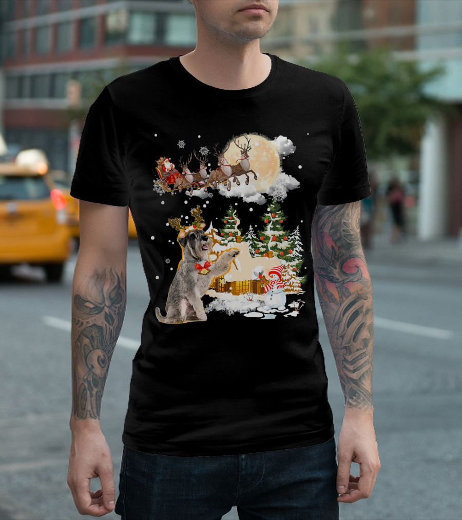 Schnauzer and Santa's Reindeer Christmas Village T-Shirt