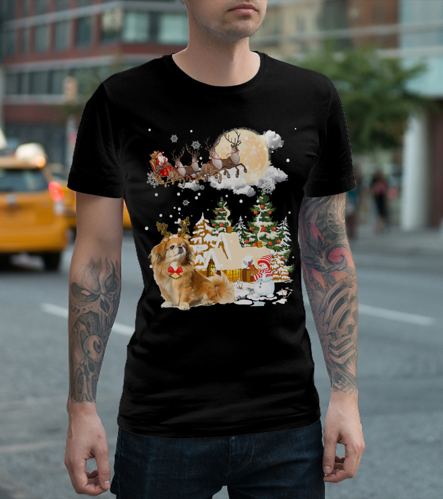 Pekingese Christmas Wonderland Santa and Reindeer Festive Scene T-Shirt