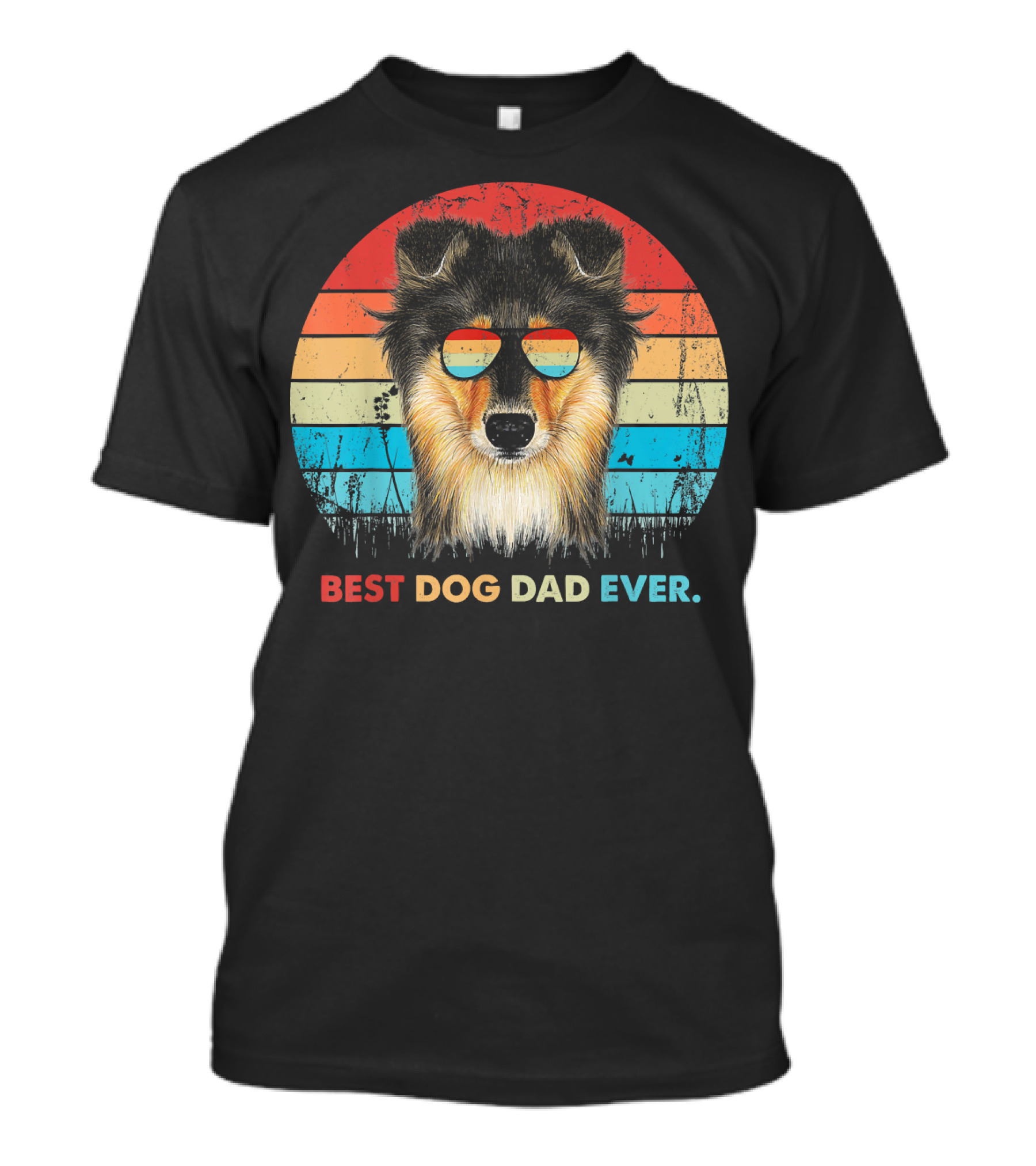 Mens Vintage Best Dog Dad Ever Sheltie Retro Sunset Sunglasses T-Shirt