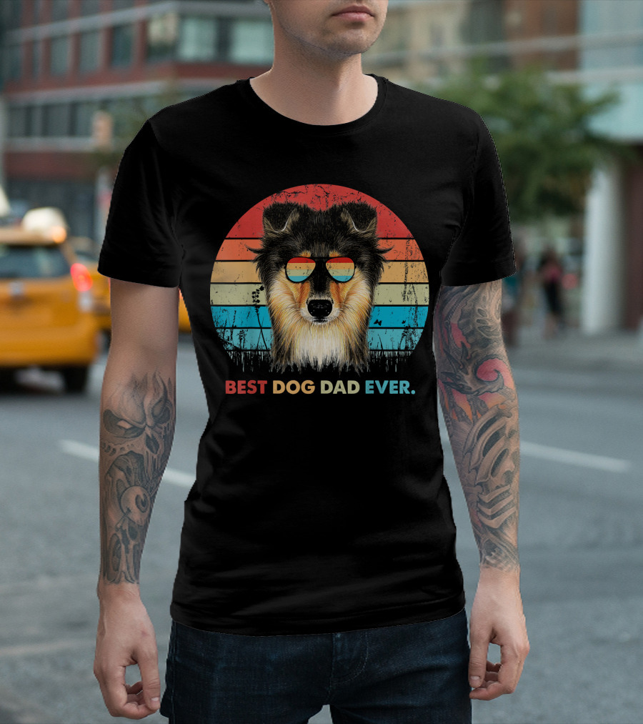 Mens Vintage Best Dog Dad Ever Sheltie Retro Sunset Sunglasses T-Shirt