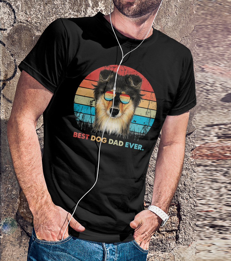 Mens Vintage Best Dog Dad Ever Sheltie Retro Sunset Sunglasses T-Shirt