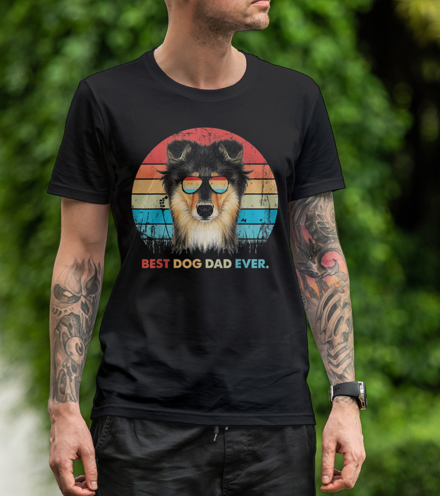 Mens Vintage Best Dog Dad Ever Sheltie Retro Sunset Sunglasses T-Shirt