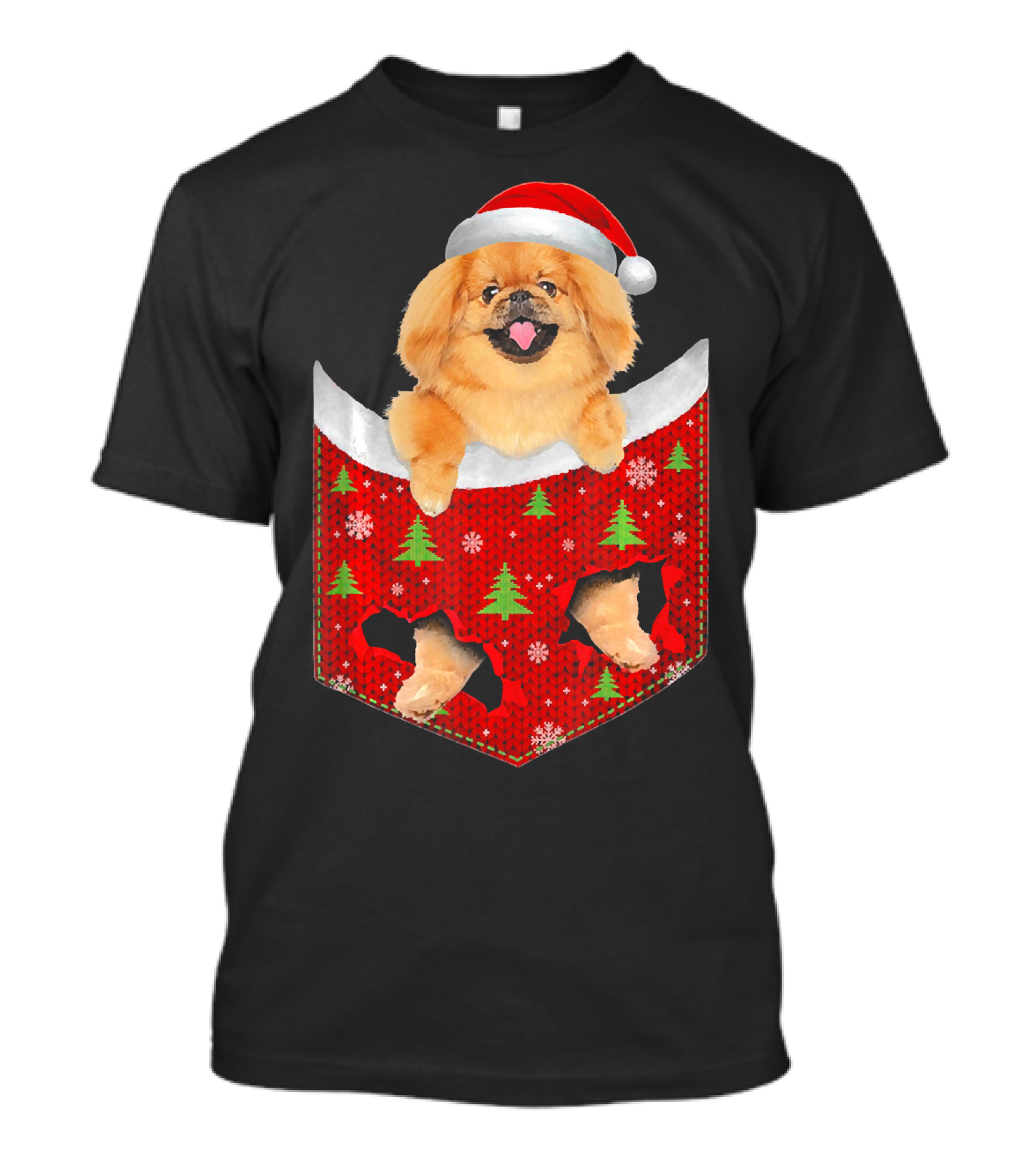 Pekingese Dog In Christmas Pocket With Santa Hat And Festive Tree T-Shirt