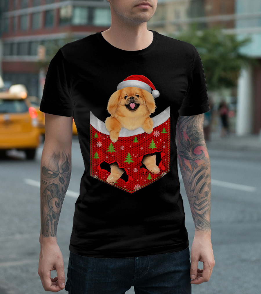 Pekingese Dog In Christmas Pocket With Santa Hat And Festive Tree T-Shirt