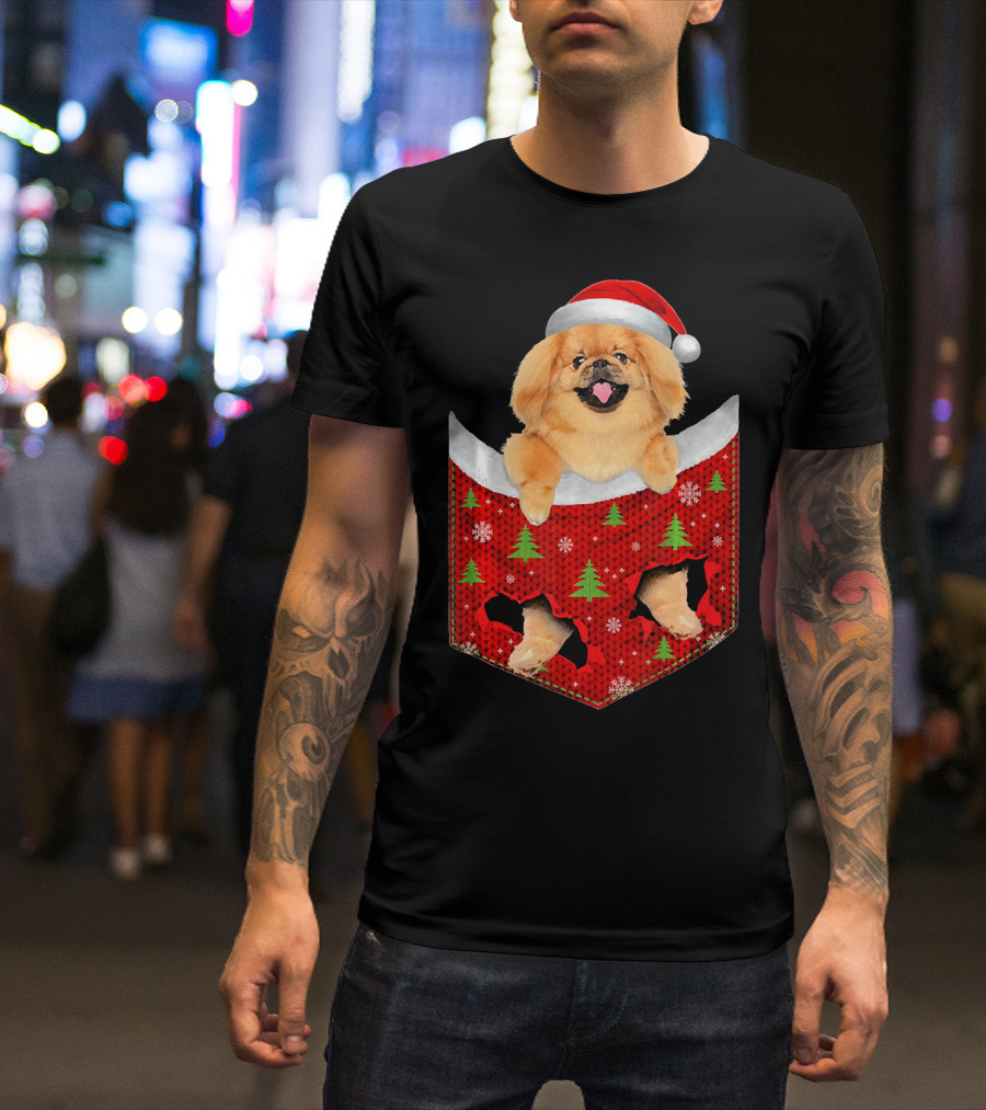 Pekingese Dog In Christmas Pocket With Santa Hat And Festive Tree T-Shirt