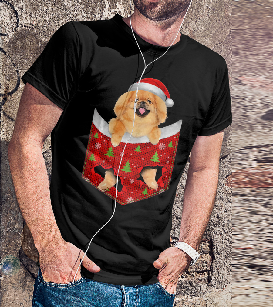 Pekingese Dog In Christmas Pocket With Santa Hat And Festive Tree T-Shirt