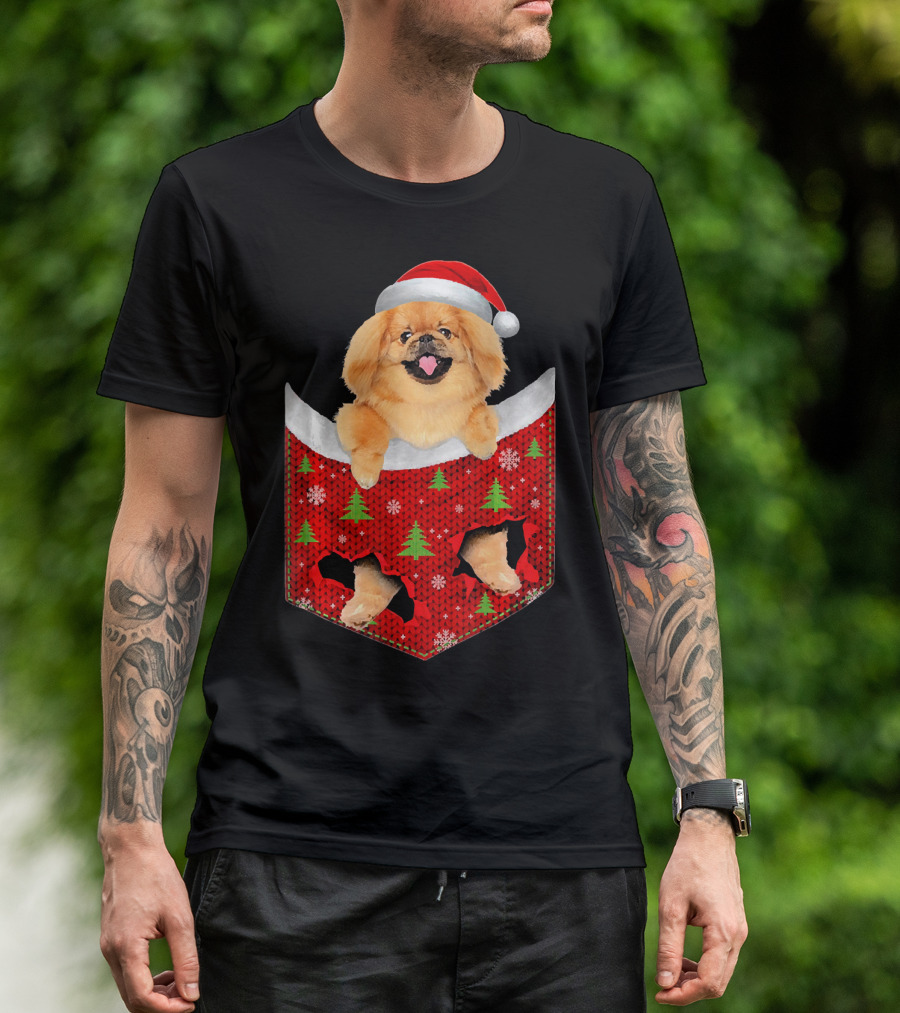 Pekingese Dog In Christmas Pocket With Santa Hat And Festive Tree T-Shirt