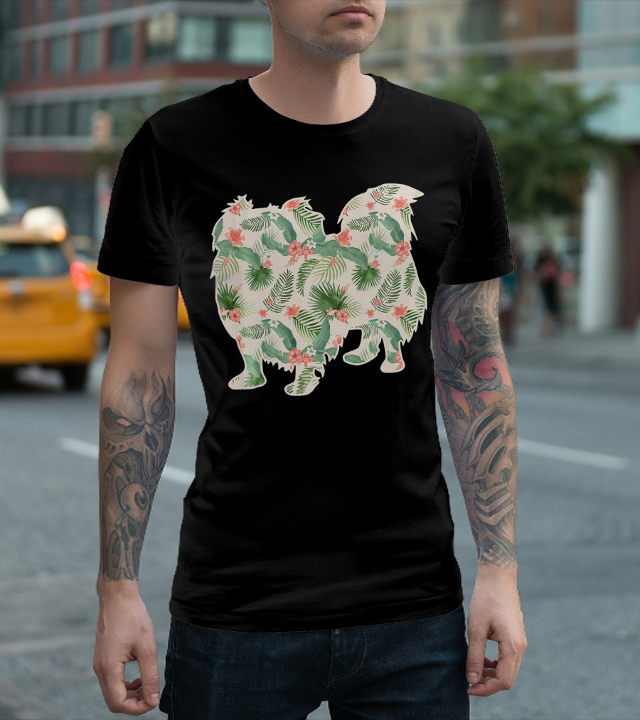 Pekingese Silhouette With Floral Tropical Print T-Shirt