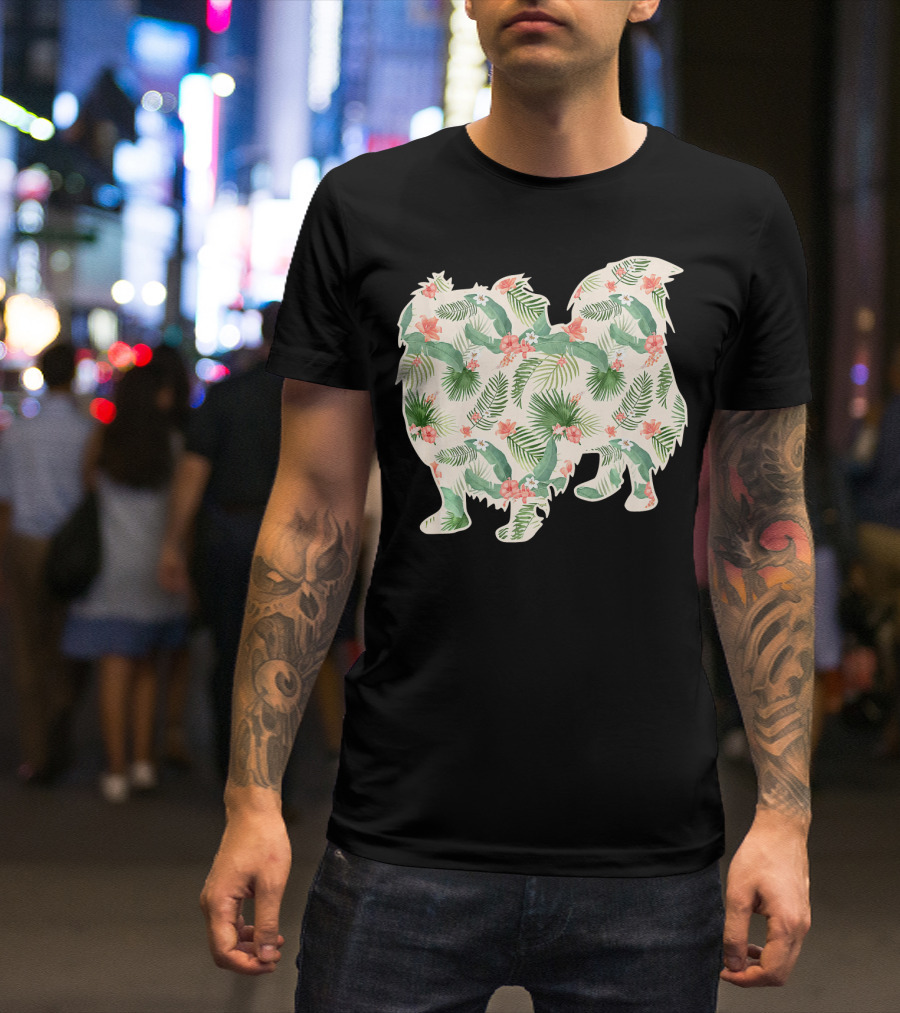 Pekingese Silhouette With Floral Tropical Print T-Shirt