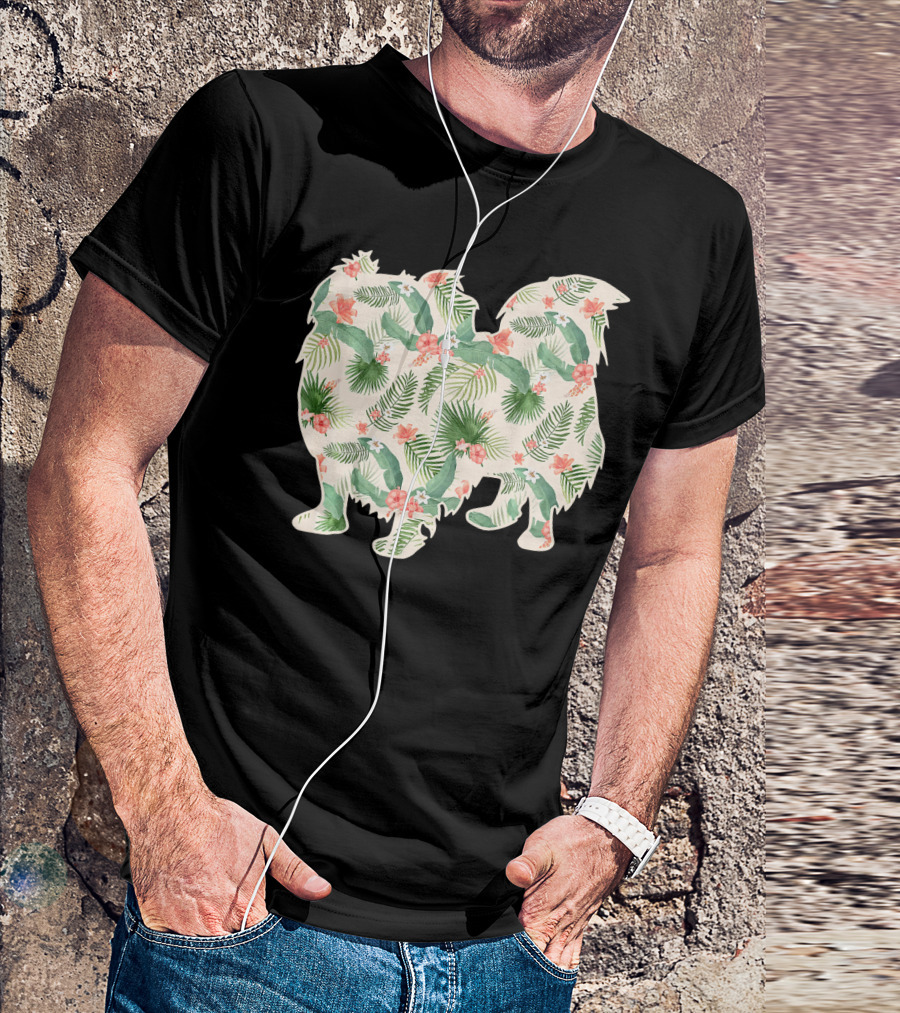 Pekingese Silhouette With Floral Tropical Print T-Shirt