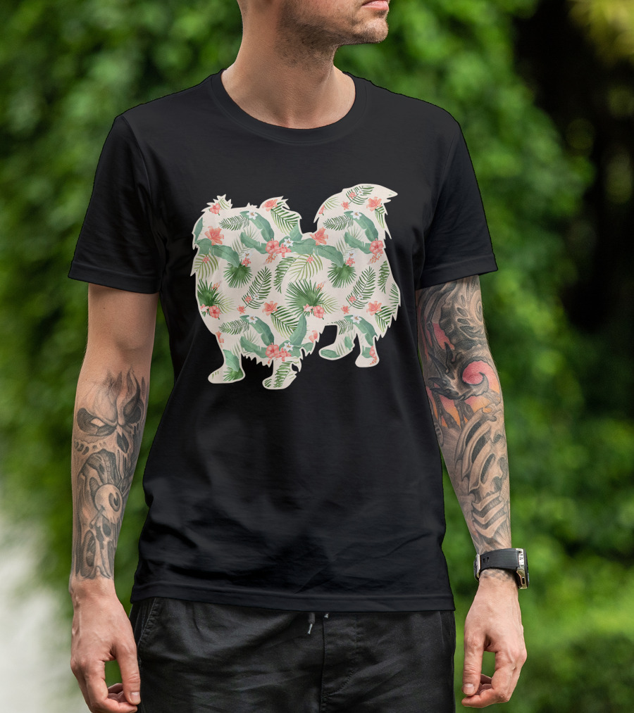 Pekingese Silhouette With Floral Tropical Print T-Shirt