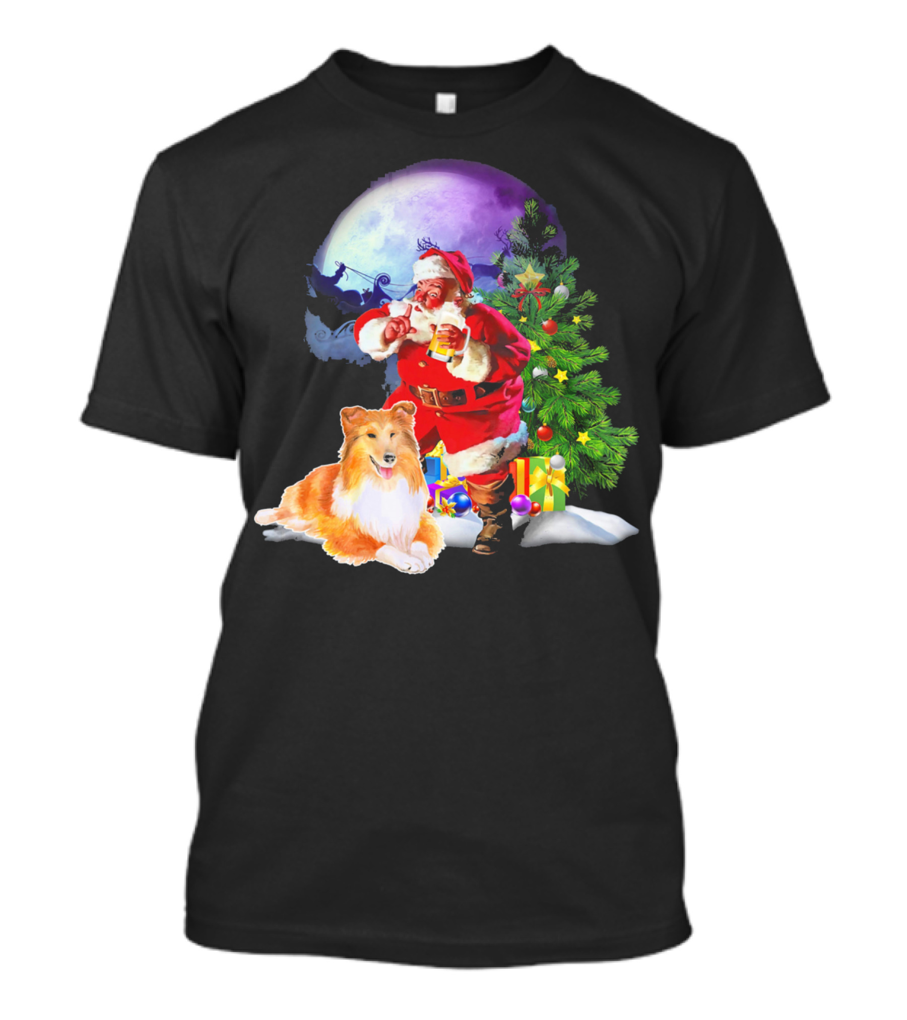 Sheltie Pine Xmas Family Santa And Tree T-Shirt