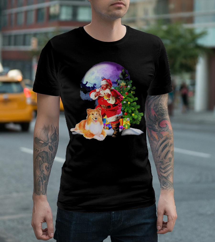 Sheltie Pine Xmas Family Santa And Tree T-Shirt