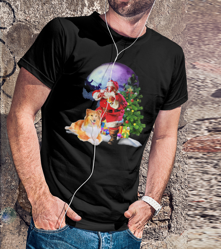 Sheltie Pine Xmas Family Santa And Tree T-Shirt