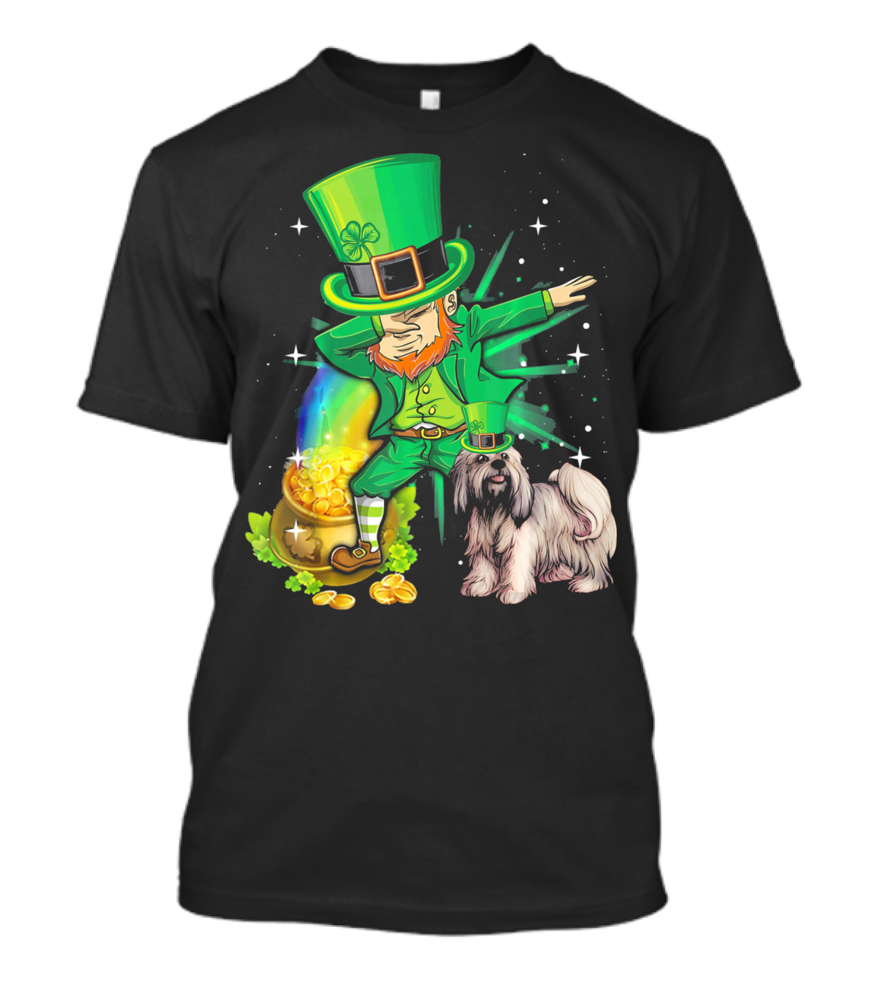 Leprechaun Dabbing With Pot Of Gold And Lhasa Apso On St Patrick's Day T-Shirt