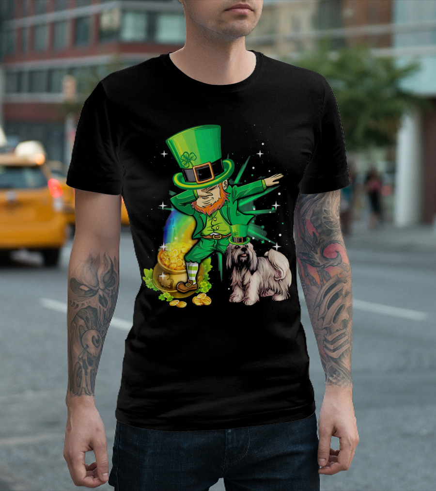 Leprechaun Dabbing With Pot Of Gold And Lhasa Apso On St Patrick's Day T-Shirt