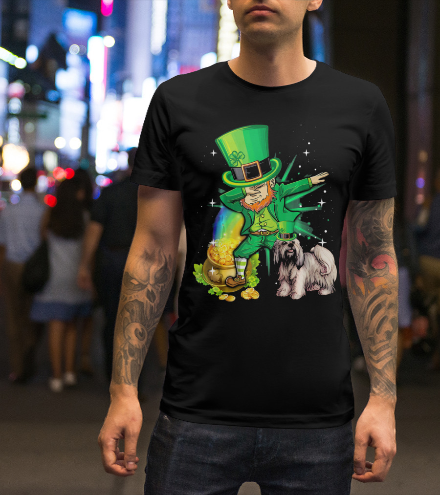 Leprechaun Dabbing With Pot Of Gold And Lhasa Apso On St Patrick's Day T-Shirt