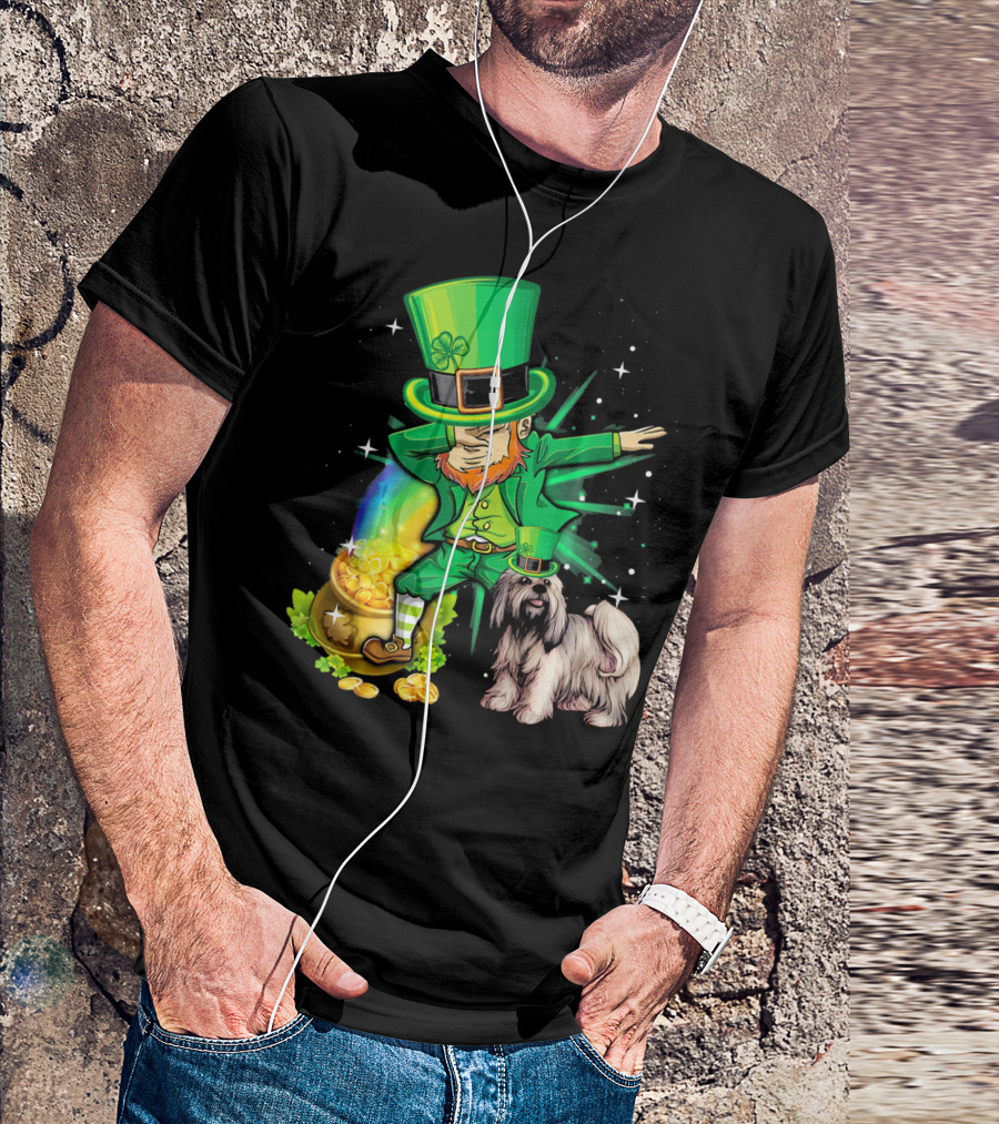 Leprechaun Dabbing With Pot Of Gold And Lhasa Apso On St Patrick's Day T-Shirt