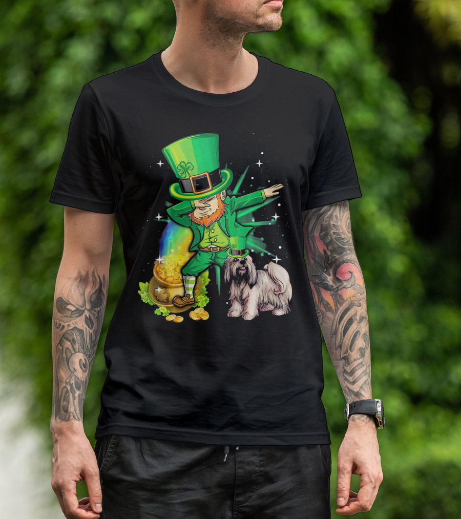 Leprechaun Dabbing With Pot Of Gold And Lhasa Apso On St Patrick's Day T-Shirt