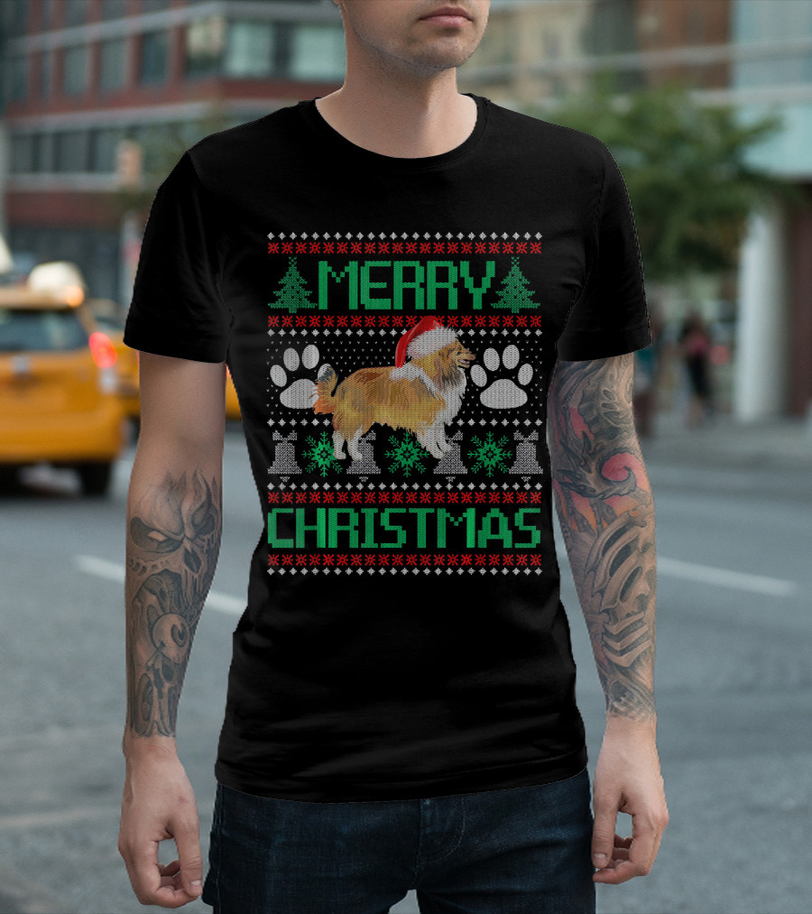 Merry Christmas Sheltie Holiday Sweater Paws Trees T-Shirt