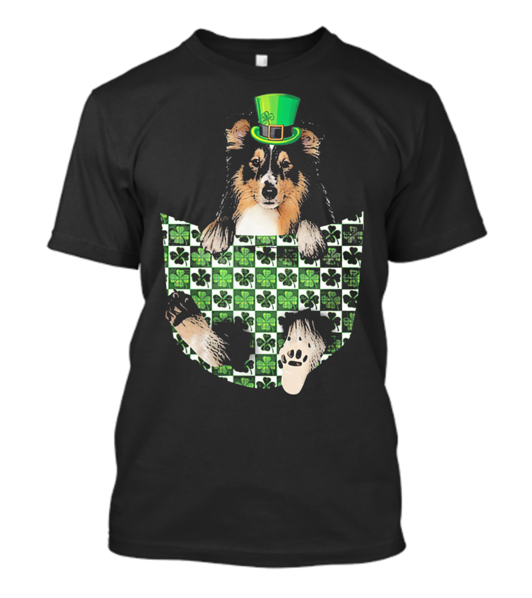 Shetland Sheepdog Pocket With St. Patrick's Day Hat And Shamrocks T-Shirt