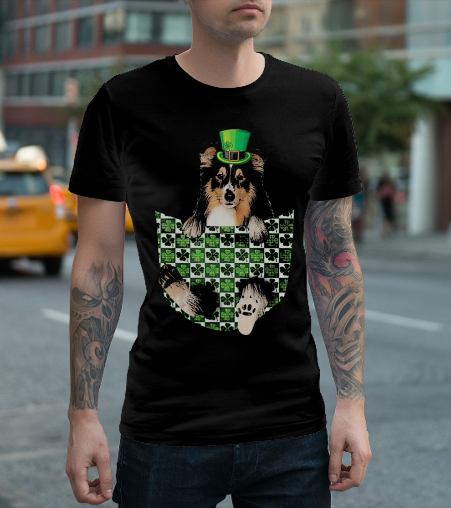 Shetland Sheepdog Pocket With St. Patrick's Day Hat And Shamrocks T-Shirt