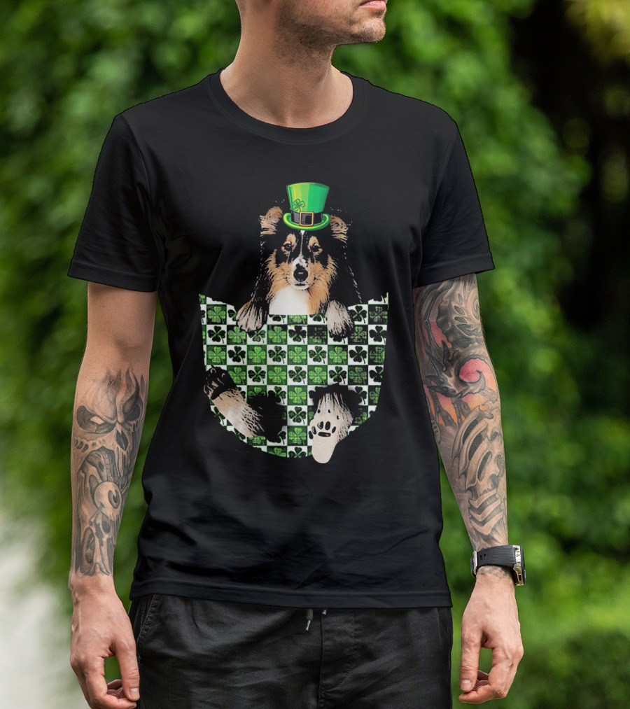 Shetland Sheepdog Pocket With St. Patrick's Day Hat And Shamrocks T-Shirt