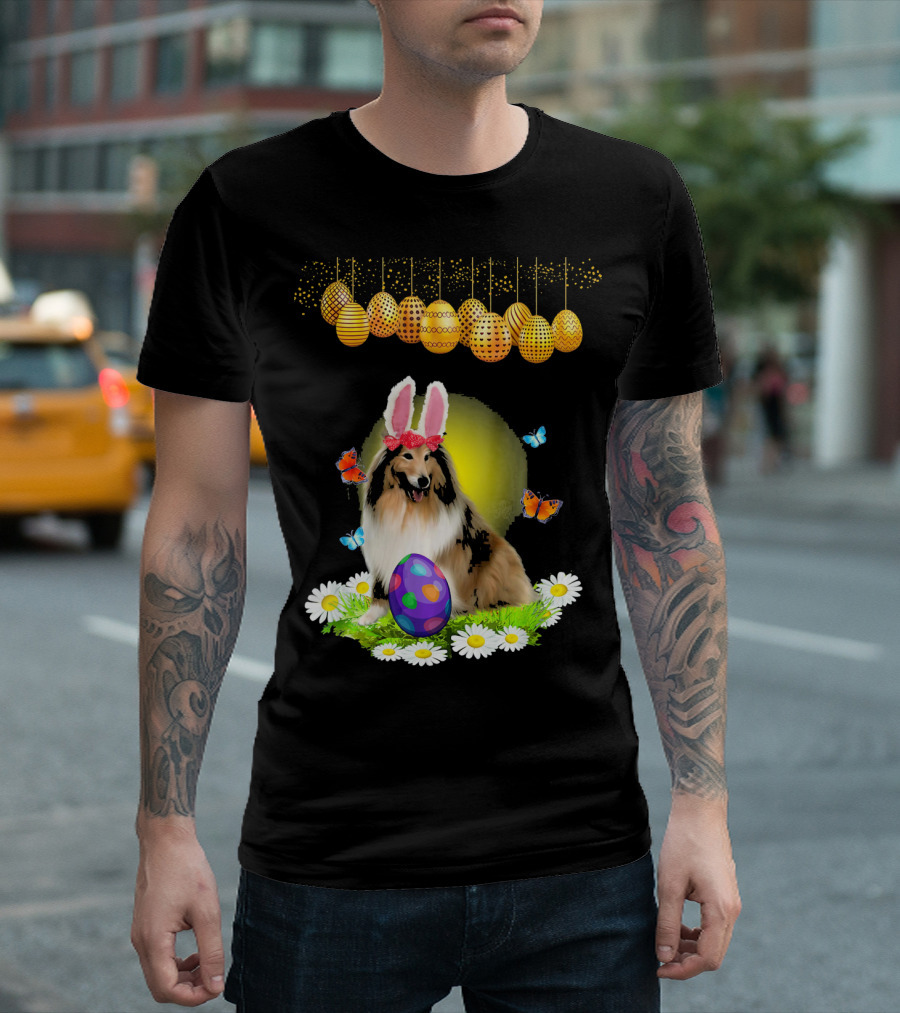 Sheltie Lover Rabbit Ears Egg Easter Butterflies Daisies T-Shirt