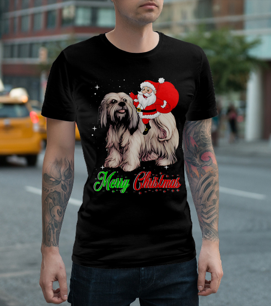 Merry Christmas Santa Riding Lhasa Apso T-Shirt