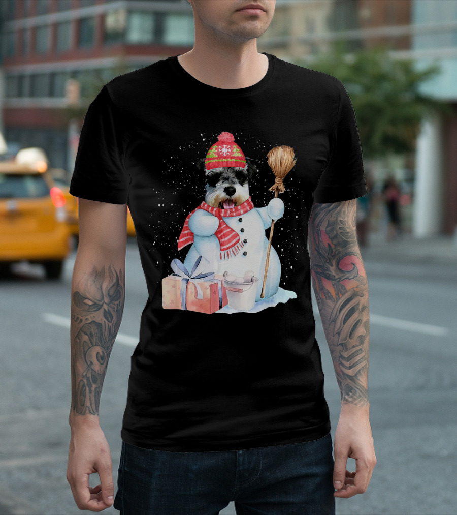 Standard Schnauzer Snowman With Gifts In Snow Night T-Shirt