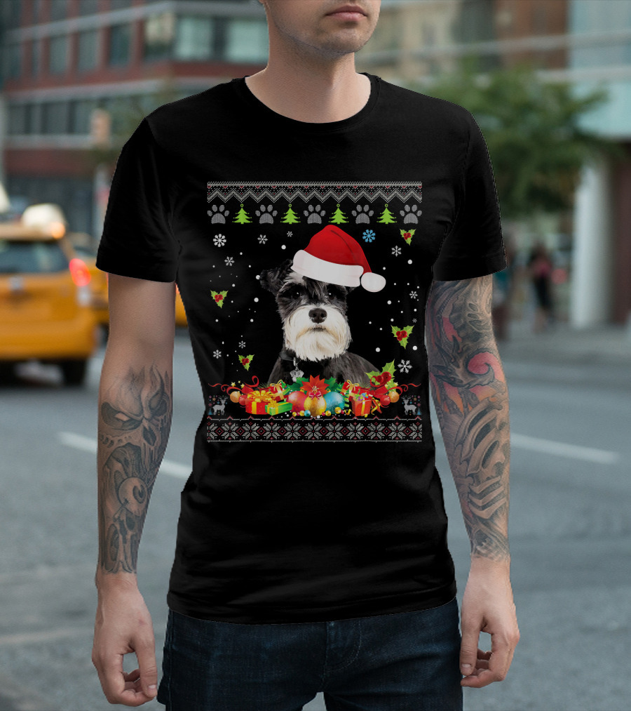 Merry Christmas Schnauzer Dog Santa Hat Presents Snowflakes Winter Holiday T-Shirt