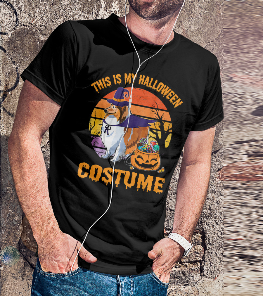 Sheltie Dog Witch With Pumpkin Candy This Is My Halloween Costume T-Shirt