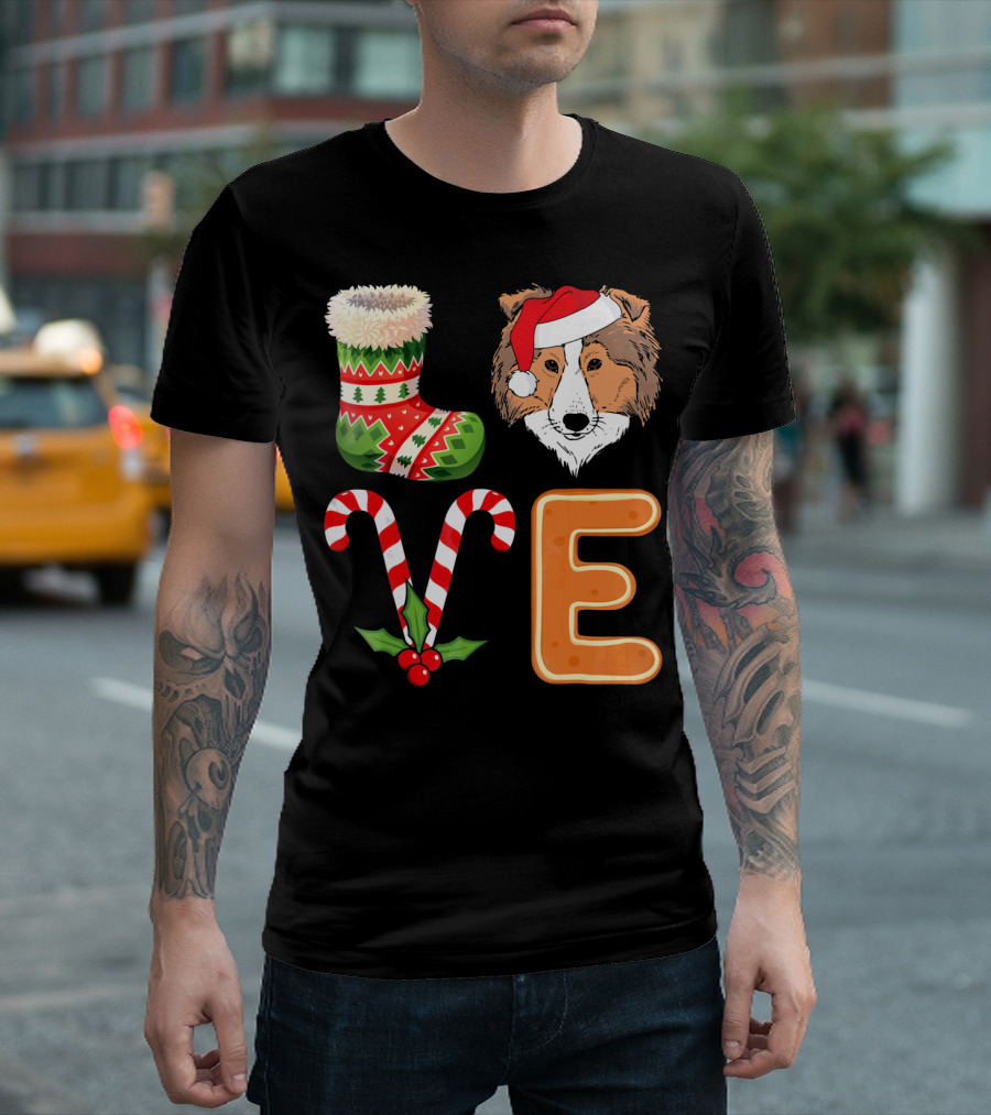 Shetland Sheepdog Lover Christmas Sock Love Candy Cane Gingerbread Holiday T-Shirt