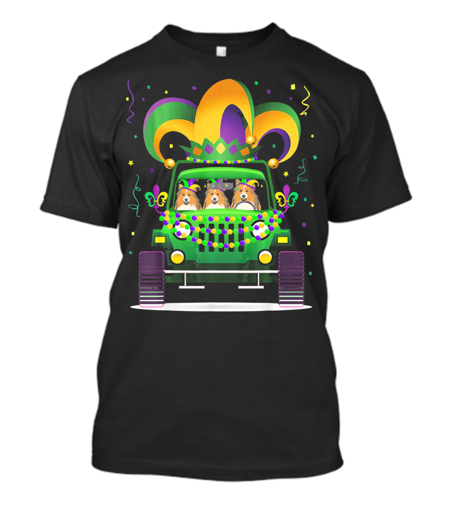 Shetland Sheepdog Riding Jeep Lover Mardi Gras T-Shirt