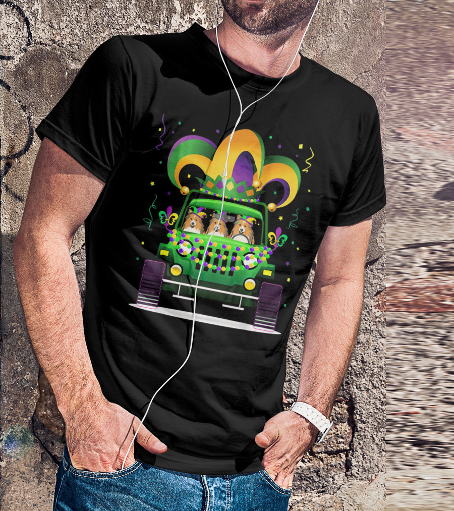 Shetland Sheepdog Riding Jeep Lover Mardi Gras T-Shirt